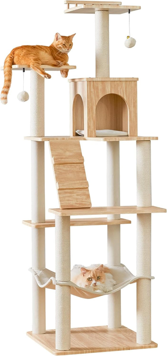 Grote Moderne Kattenboom - 178 cm Hoge Speeltoren voor Katten, Kattenmeubel met 7 Volledig Omwikkelde Krabpalen, 2 Ruime Platforms, Hangmat, Afneembaar Kussen en Pluche Ballen, Lichtbruin