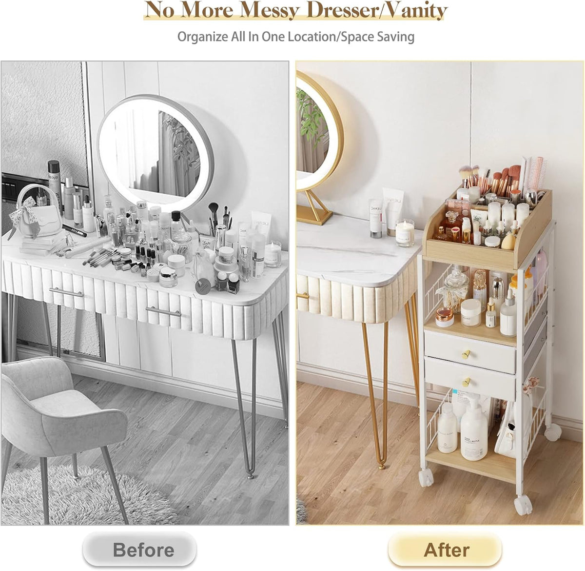 Bikoney Make-up-organizer met laden en wielen - staande wagen voor huidverzorging, parfum, nagellak, haargereedschap, grote cosmetische opbergunit voor slaapkamer of badkamer