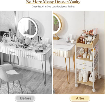Bikoney Make-up-organizer met laden en wielen - staande wagen voor huidverzorging, parfum, nagellak, haargereedschap, grote cosmetische opbergunit voor slaapkamer of badkamer