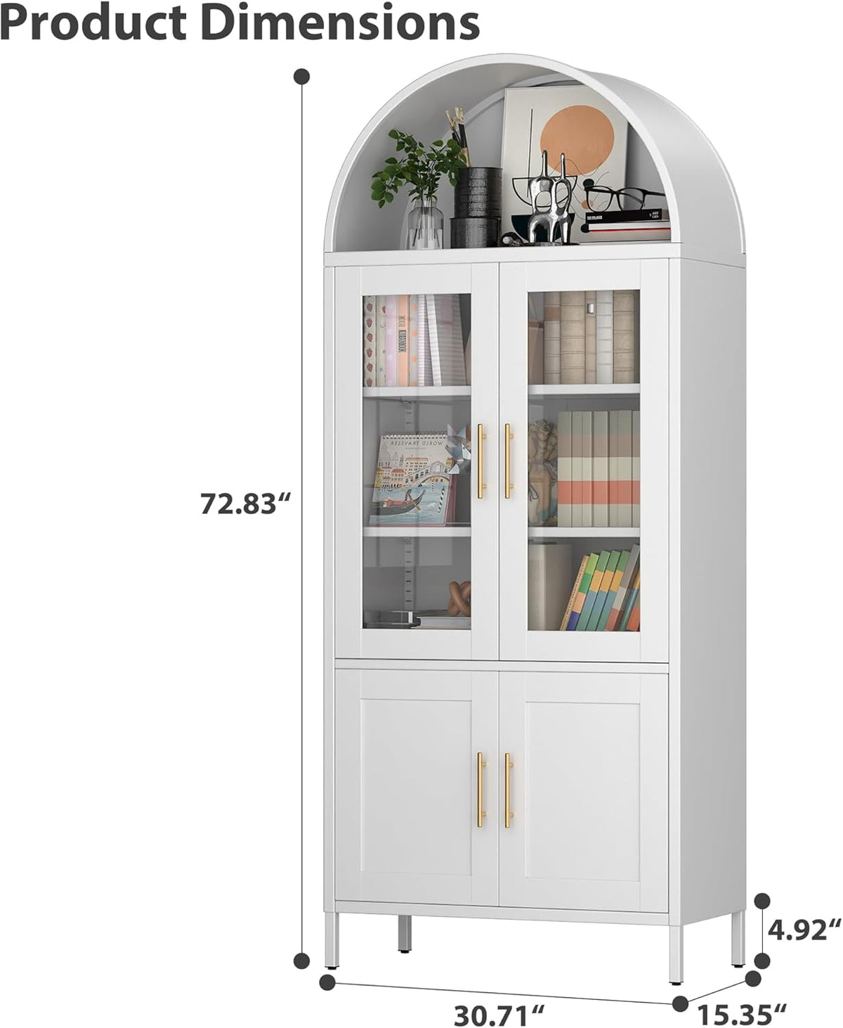 SUPEER Vitrinekast van metaal, dressoir, staande kast met gebogen dak, vitrinekast, keukenkast met 2 glazen deuren en 2 metalen deuren, glazen vitrinekast voor woonkamer, slaapkamer, 185 x 80 x 40 cm