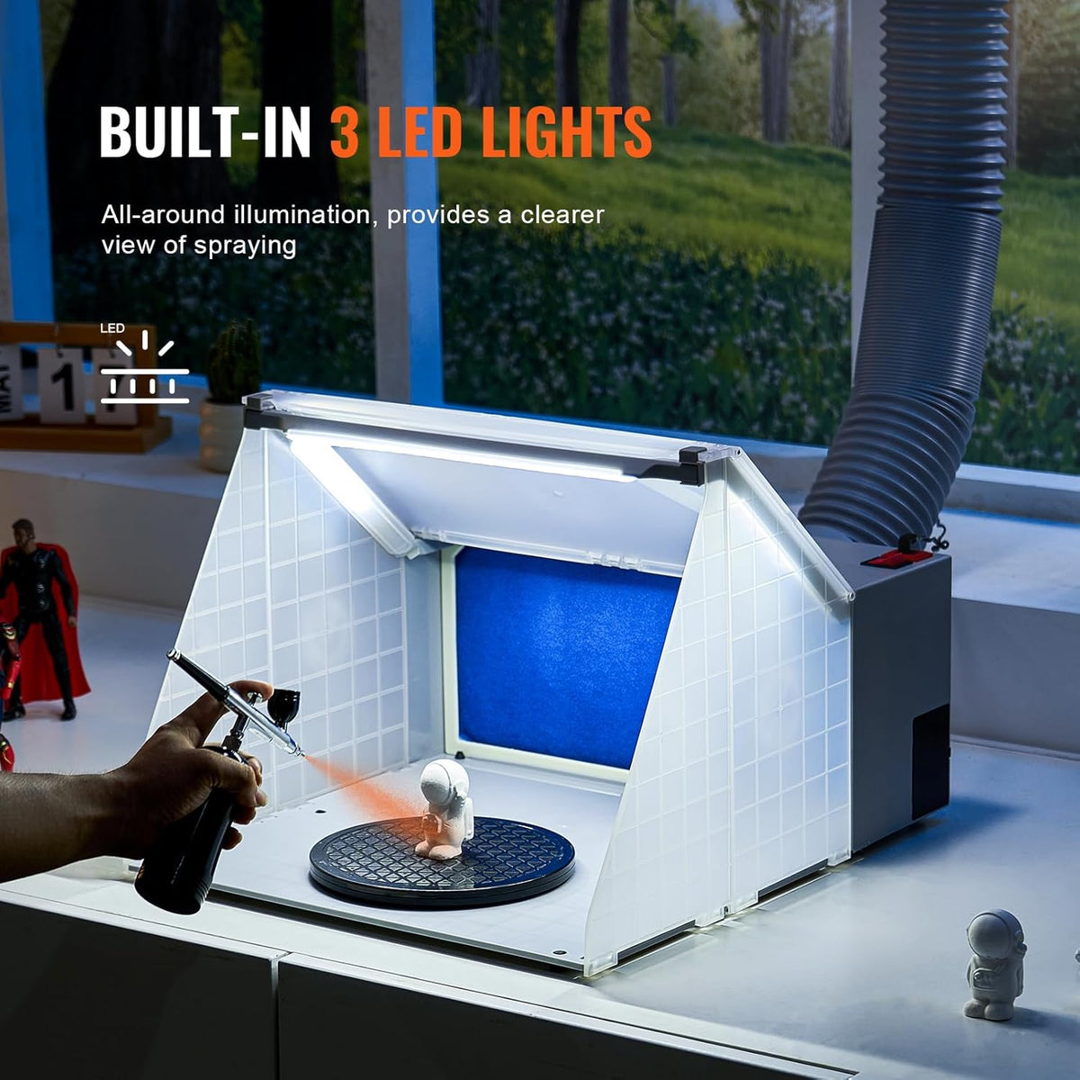 VEVOR Airbrush spuitcabine, airbrush-verfspuitcabineset, 4 m³/min, met ledverlichting, afvoerventilator en verlengslang, voor het beschilderen van modellen, kunst, handwerk, modeltaart