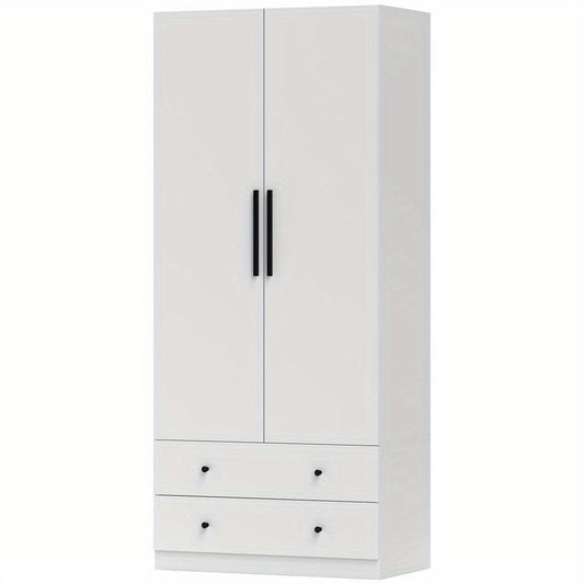 Portable Wardrobe Cabinet with 2 Doors, Hanging Rod & 2 Drawers - Heavy-Duty White Storage Cabinet with Sturdy Metal Frame, Space-Saving Design for Bedroom & Living Room, 362.87KG Capacity, Modern Minimalist Style, Easy Assembly, Ideal for Small Spaces, D
