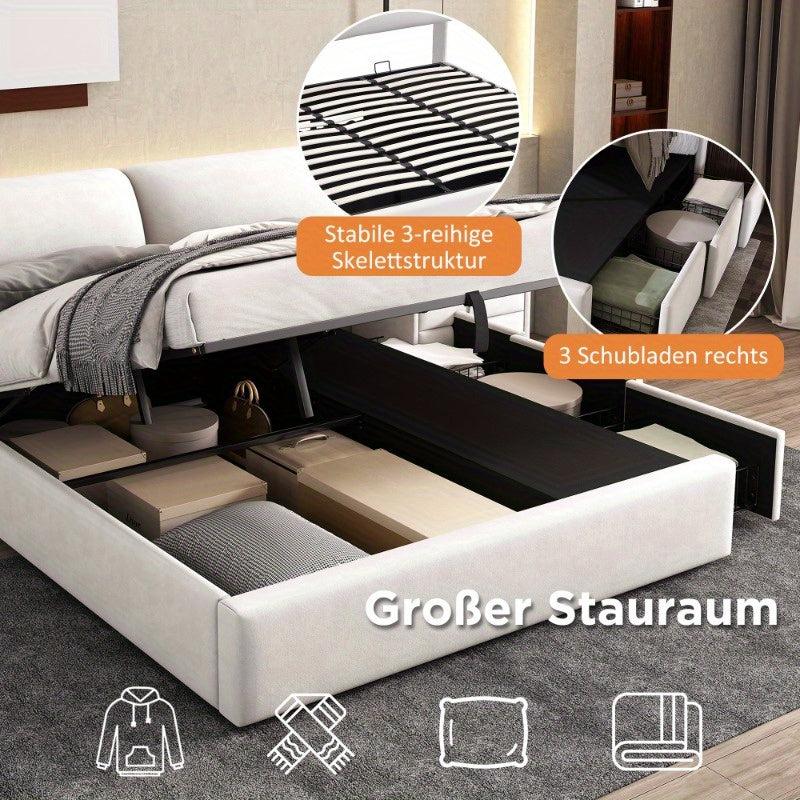 Opbergbed – Opbergbedframe – Hydraulisch Bed – Gestoffeerd Bed – Tweepersoonsbed – 180x200 cm – Beige Fluweel – Met Hoofdeinde & 3 Metalen Lades – Lattenbodem Zonder Matras