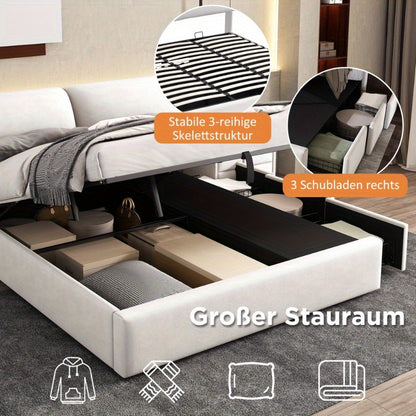 Opbergbed – Opbergbedframe – Hydraulisch Bed – Gestoffeerd Bed – Tweepersoonsbed – 180x200 cm – Beige Fluweel – Met Hoofdeinde & 3 Metalen Lades – Lattenbodem Zonder Matras