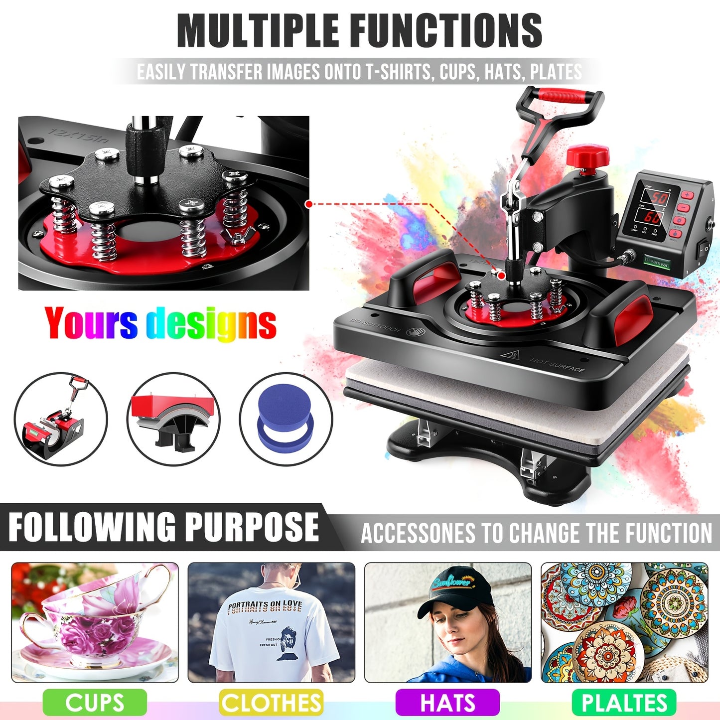 5-in-1 Hittepers – Sublimatiepers – T-shirt Pers – Mok Pers – Pettenpers – Zwart – Swing-Away Ontwerp – Digitale Temperatuurregeling