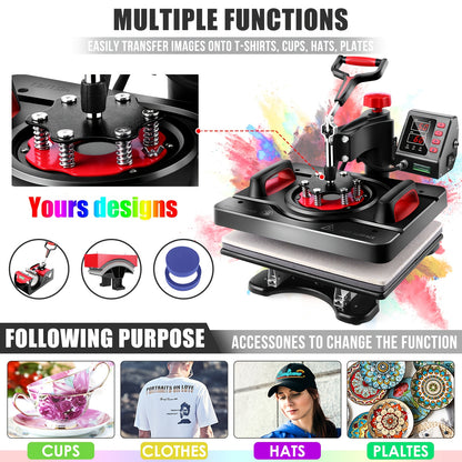 5-in-1 Hittepers – Sublimatiepers – T-shirt Pers – Mok Pers – Pettenpers – Zwart – Swing-Away Ontwerp – Digitale Temperatuurregeling