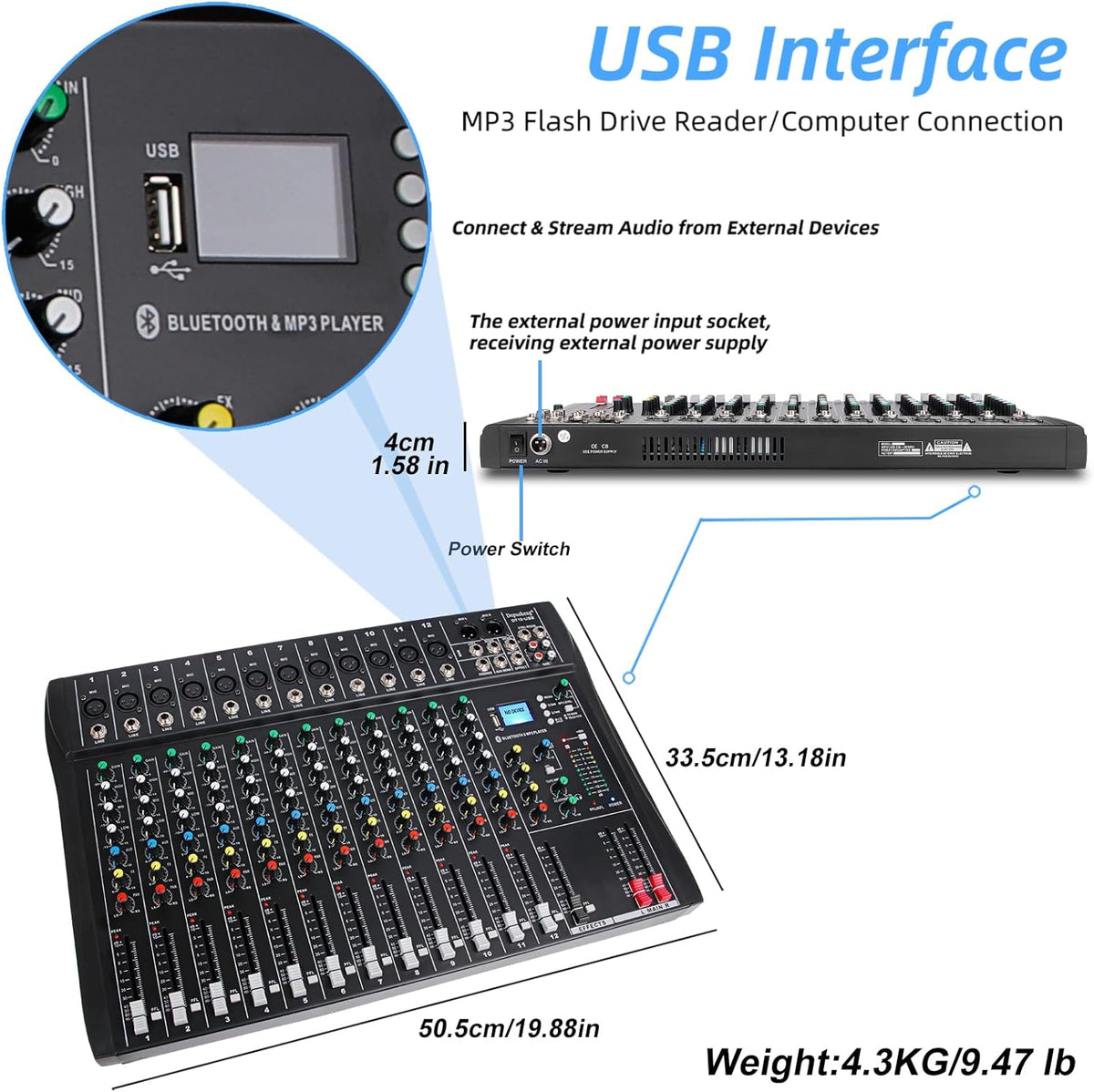12-Kanaals Audiomixer – Mengpaneel – DJ-Mixer – Mengtafel – Muziekmixer – Bluetooth Draadloos Streamen – +48V Fantoomvoeding