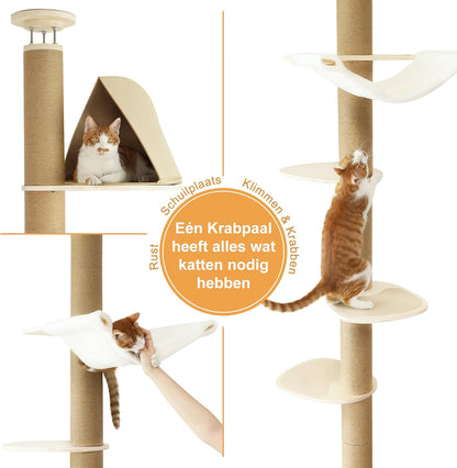 Klimboom Kat – Krabpaal – Speelton – Kattenboom – Krabmeubel – Verstelbare Hoogte 1,8-3 m – Superstabiel Tot 65 kg – Beige
