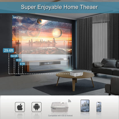 Beamer, wifi-beamer met 120 inch scherm, 7500 lumen WLAN Bluetooth beamer ondersteuning 1080p video, met hifi-luidspreker, compatibel met Fire Stick, smartphone, tablet