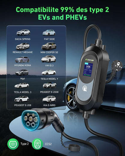 EVJUICION Oplaadkabel elektrische auto type 2 Schuko 6 meter, 3,6 kW, 8/10/13/16 A geprogrammeerd type 2 oplaadkabel met digitaal display en wandhouder, draagbare draagbare EV oplader met tas