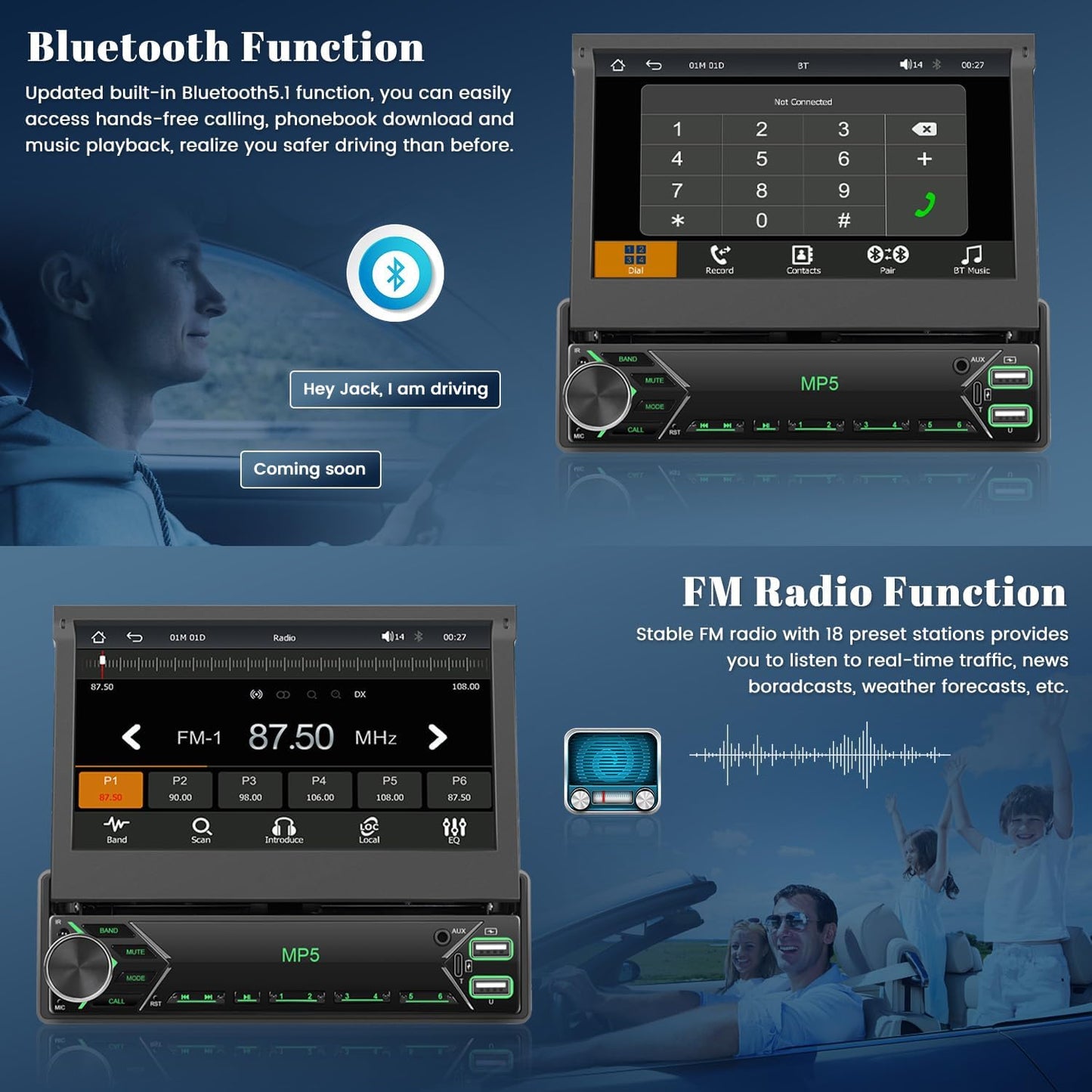 Draadloze CarPlay autoradio, 1 Din met uittrekbaar scherm, handmatig, 7 inch touchscreen, Android autoradio met bluetooth, stereo, autoradio, ondersteuning, FM AUX USB-achteruitrijcamera