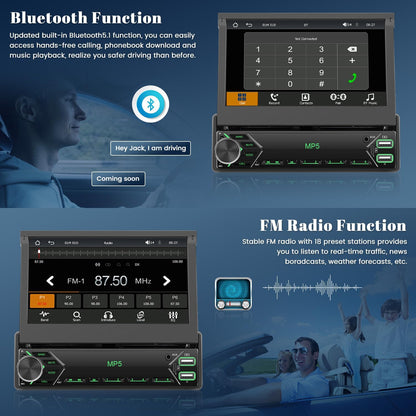 Draadloze CarPlay autoradio, 1 Din met uittrekbaar scherm, handmatig, 7 inch touchscreen, Android autoradio met bluetooth, stereo, autoradio, ondersteuning, FM AUX USB-achteruitrijcamera