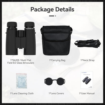 Svbony SA205 Binoculars for Adults, 10x42 ED Flatfield Correction Glass Bak4 Prism FMC Lens with High Power IP67 Waterproof, Equipped with Neck Strap, Large Eyepiece for Bird Watching - QUORE