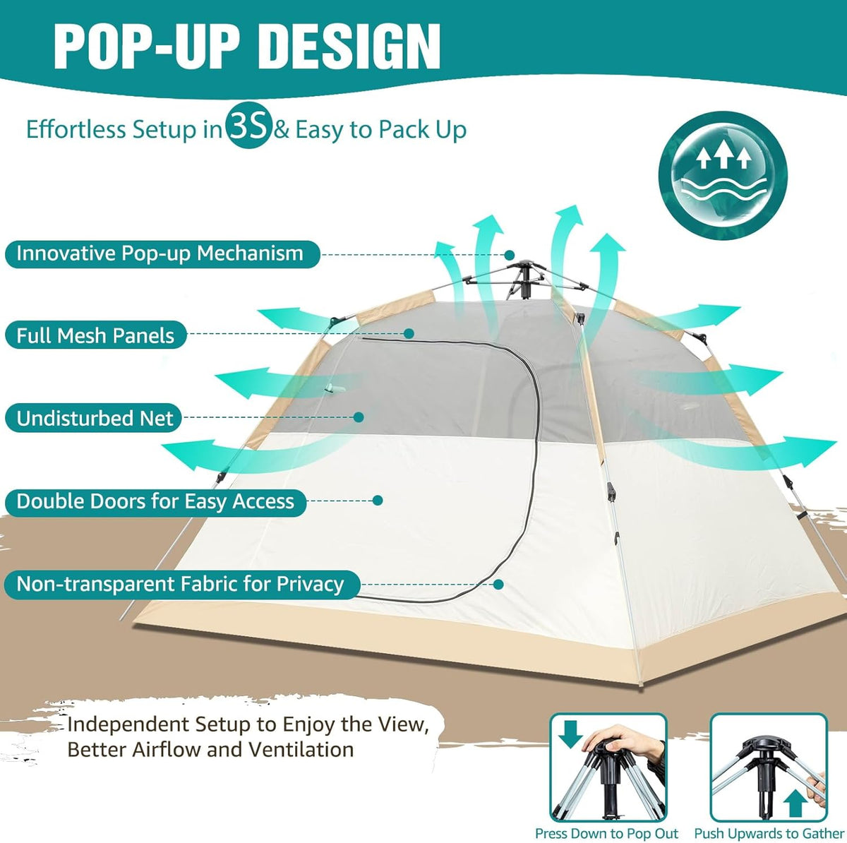 Chihee Campingtent, pop-up draagbare tent, familietent, 2 deuren, direct op te bouwen, extra groot, weerbestendige tent, 4-seizoenen, tent met afgeschermde veranda, luifel, inclusief regenfly-draagtas