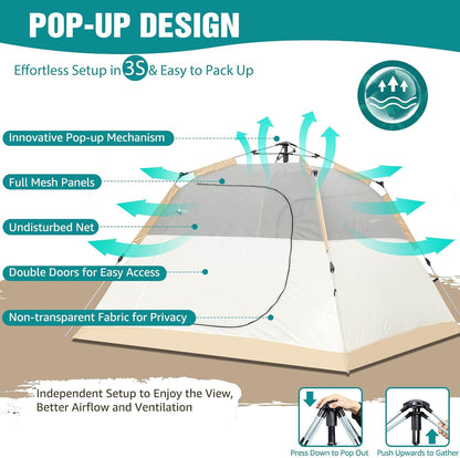 Chihee Campingtent, pop-up draagbare tent, familietent, 2 deuren, direct op te bouwen, extra groot, weerbestendige tent, 4-seizoenen, tent met afgeschermde veranda, luifel, inclusief regenfly-draagtas