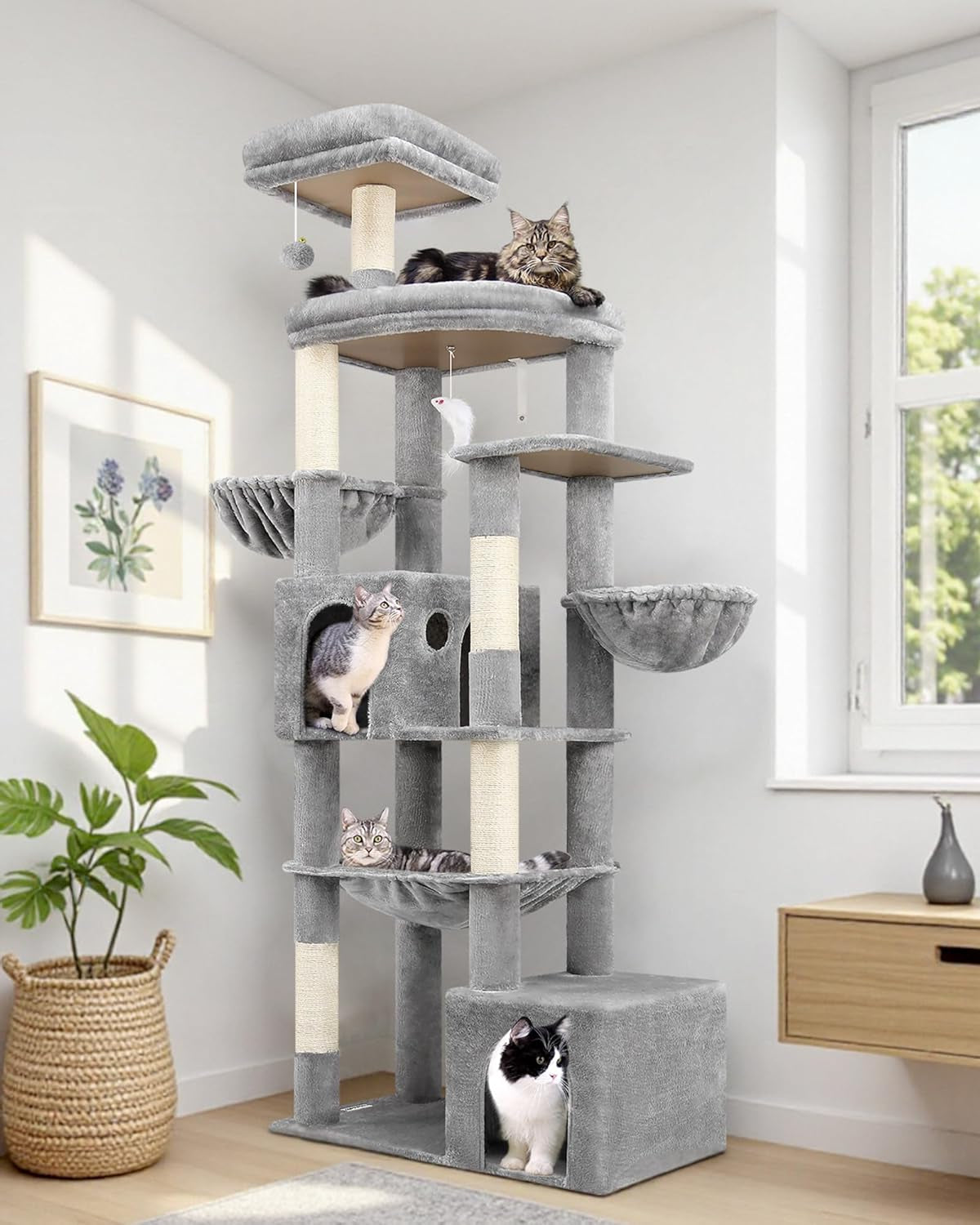 Globlazer cat tree xxl 194cm high with 2 Large Cat House, Hammock 50 * 40CM, Platform Lined Large, 2 Basket, Seat Rod, Huge Scratching Post for 3-5 Large Cats Rest Play Indoor (S76B, Light grey) - QUORE