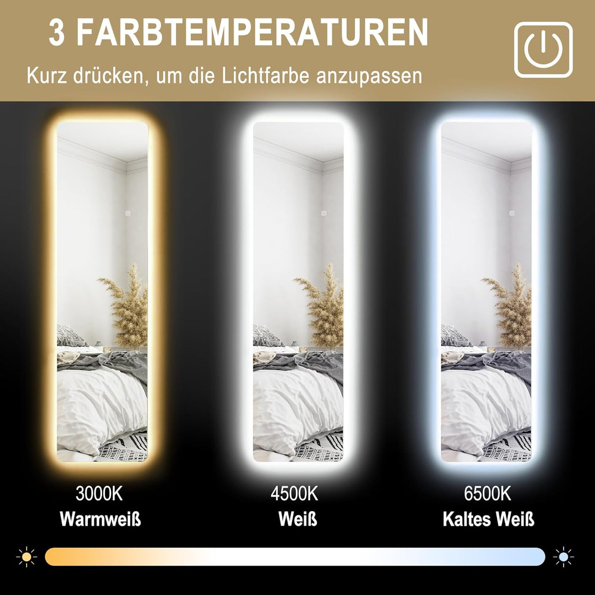 HOMCOM Ganzkörperspiegel 150 x 40 cm Standspiegel mit LED-Beleuchtung, 3 Lichtfarben, Wandspiegel mit Ständer, Touch-Schalter für Schlafzimmer, Wohnzimmer, Transparent - QUORE