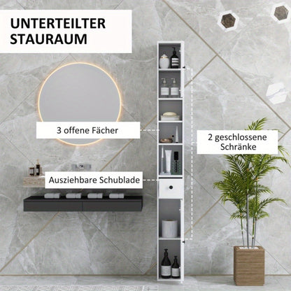 Badkamerkast – Opbergkast – Kolomkast – Smalle Kast – Wastafelonderkast – Ruimtebesparend – Vochtbestendig Zonder Hout – Verstelbare Planken – Moderne Witte Kast 20x20x178 cm