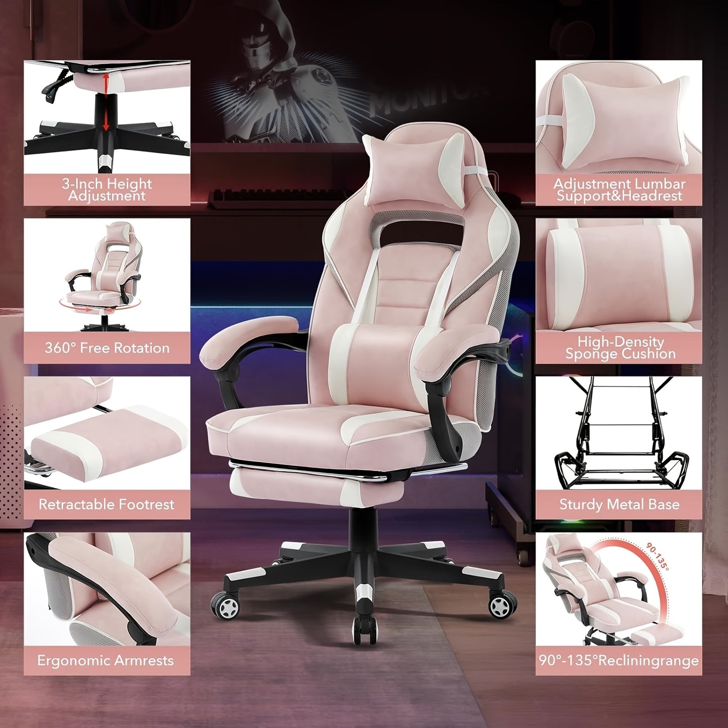 Gamingstoel – Gamenstoel – Bureaustoel – Speelstoel – Ergonomische Fauteuil – Verstelbare Hoogte – Massagefunctie Rugsteun – Voetsteun – Draagvermogen 136 kg – PU Leer