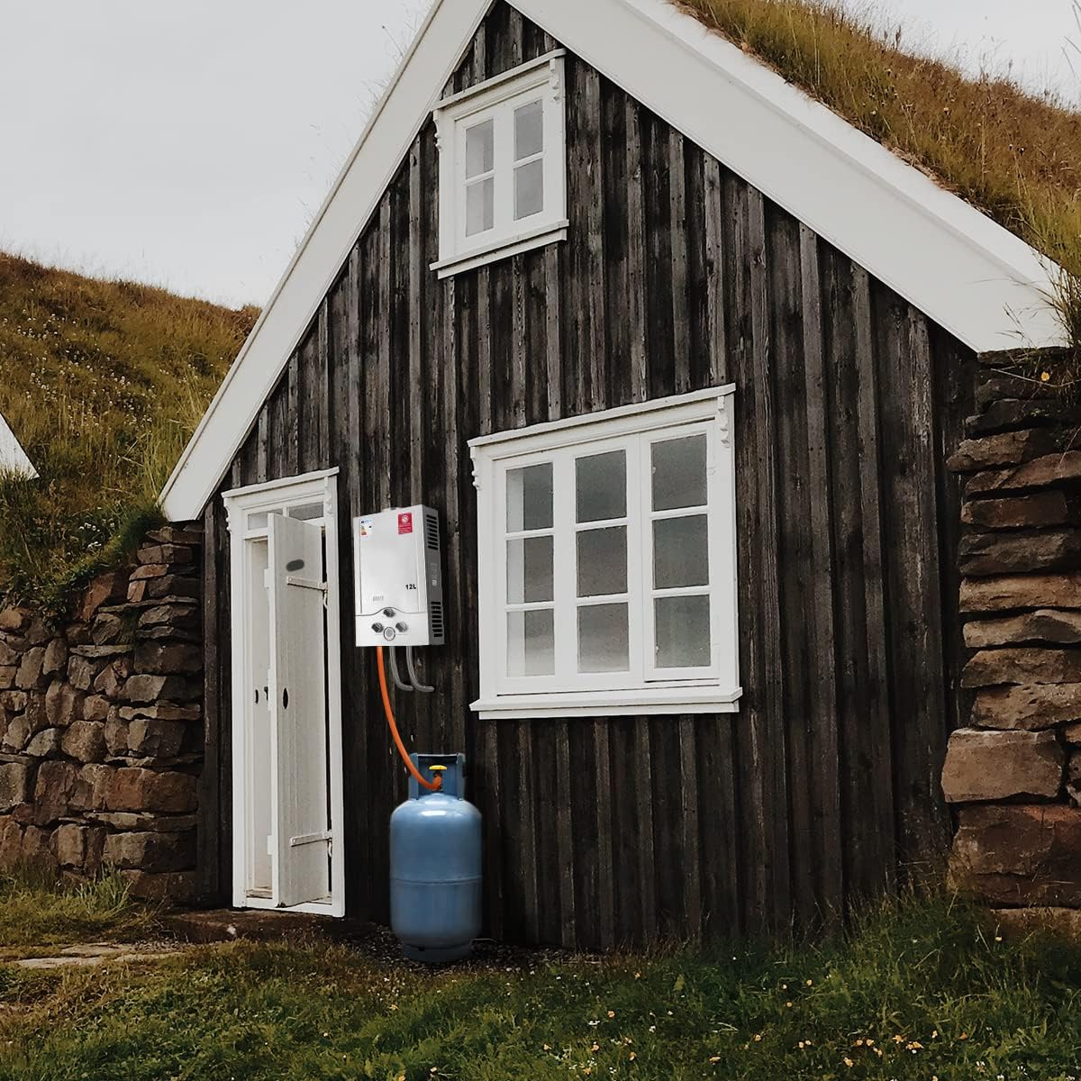 12 LPM, doorstroomboiler, 24 kW, LPG, doorstroomboiler met laagste beschikbare waterdruk van 0,2 bar, geschikt voor propaan en butaan, voor thuis, campers, cabines, schuren