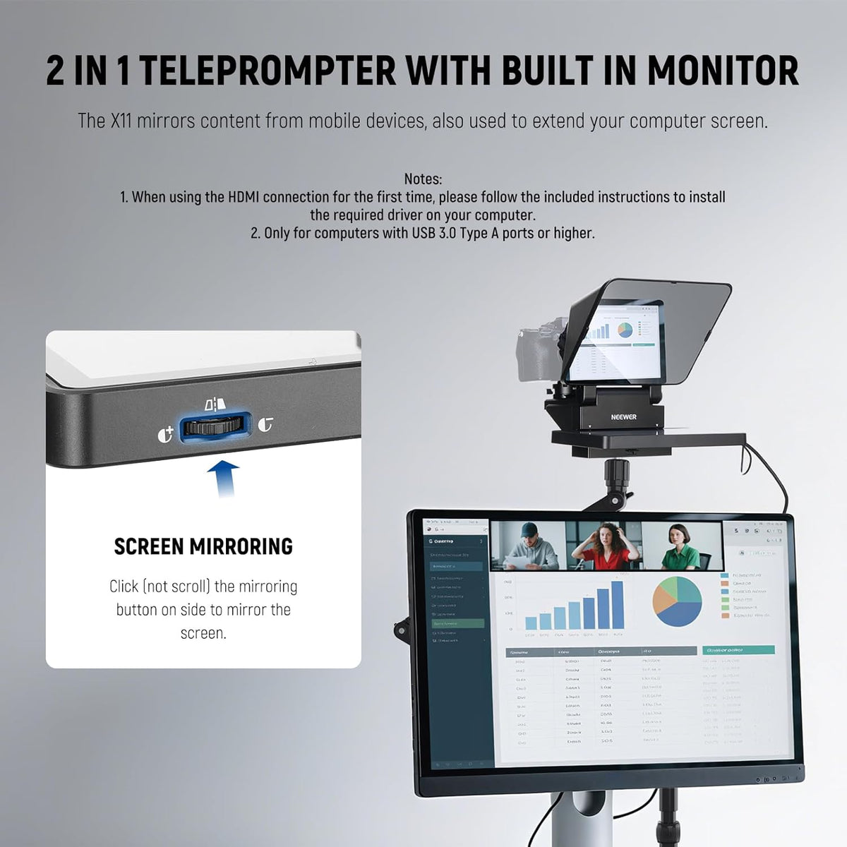 NEEWER Upgraded 2-in-1 Teleprompter 11 Inch with Monitor for Windows MacOS, Supports Screen Mirroring, Portable Prompter for Camera, Mobile Phone, Webcam for YouTube, Twitch, Live Streaming