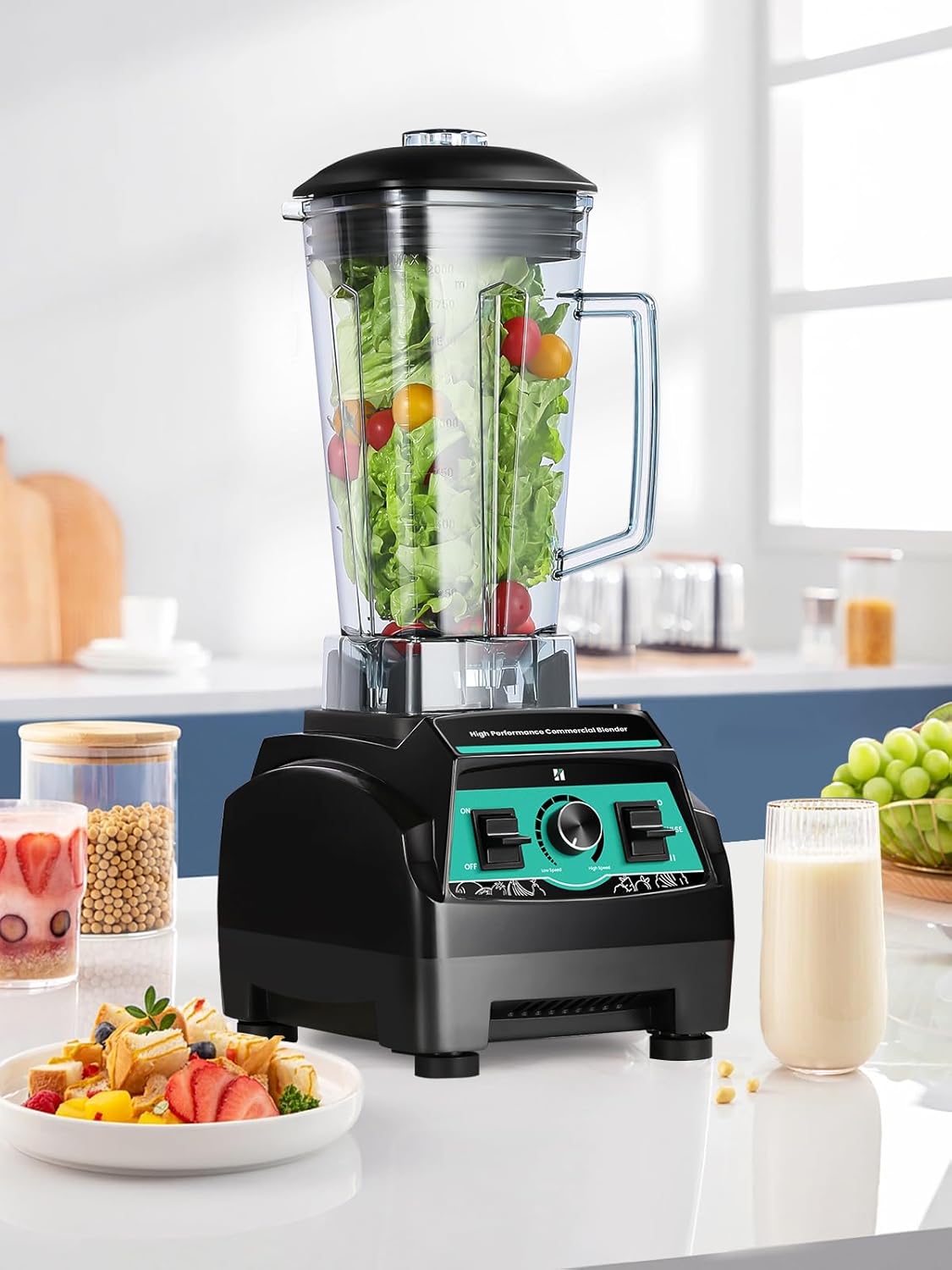Huanyu Commerciële jug mixer, 2200 W, hoog vermogen, multifunctionele mixer in een citruspers, versnipperen van ijs, fruit, groentesap, babyvoeding, commerciële smoothiemixer