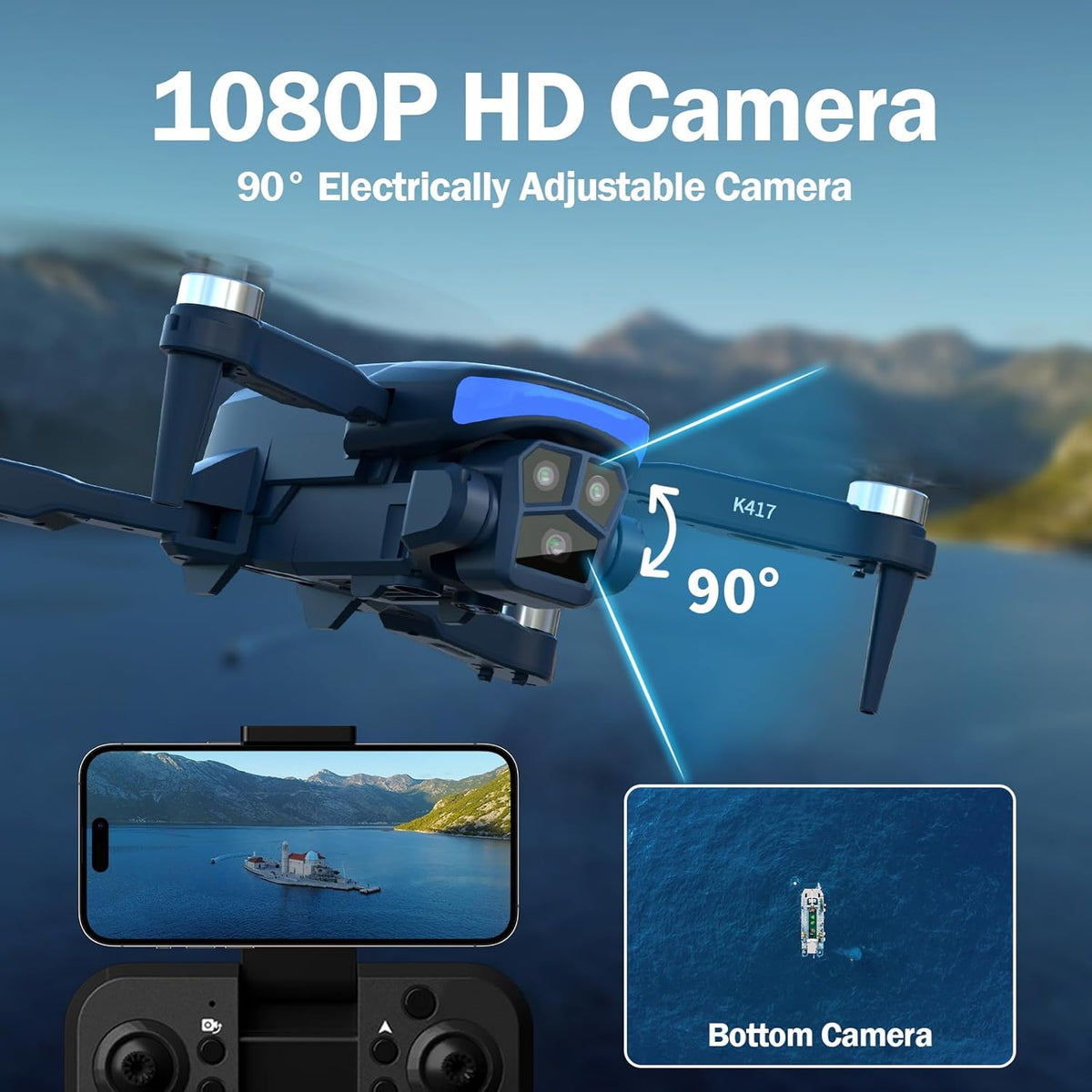 Drone met 1080P HD Camera, 90° Verstelbare Lens, Opvouwbare Drone met Borstelloze Motor, Gebarenbesturing, 3D-salto's, Hoofdloze Modus, 17 Min Vliegtijd, Perfect voor Beginners en Volwassenen