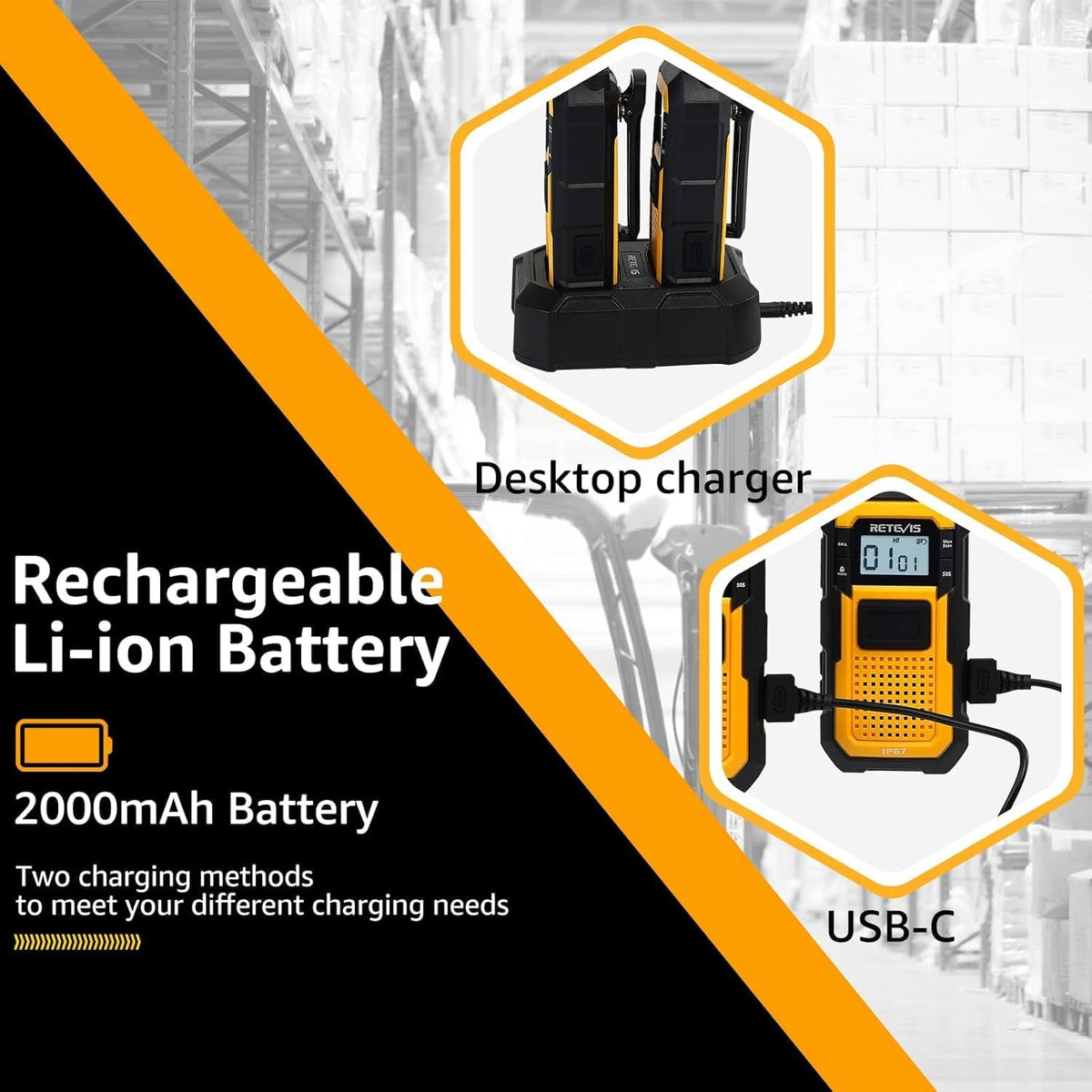 Retevis RB648 Zware Tweewegradio, IP67 Waterdicht, Stofdicht Robuuste Walkietalkies met Oorschelp, Oplaadbare Langeafstandsradio's voor Aannemers, Werklocaties en Buitengebruik (4-pack)