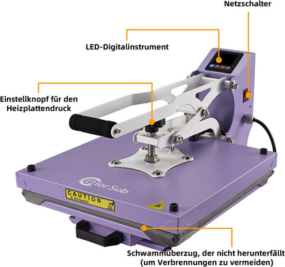 ColorSub Warmstempelmachine, digitale hittepers, 38 x 38 cm, sublimatiepers, teflon warmtepers, T-shirt, kleding, transfertas, 1600 W