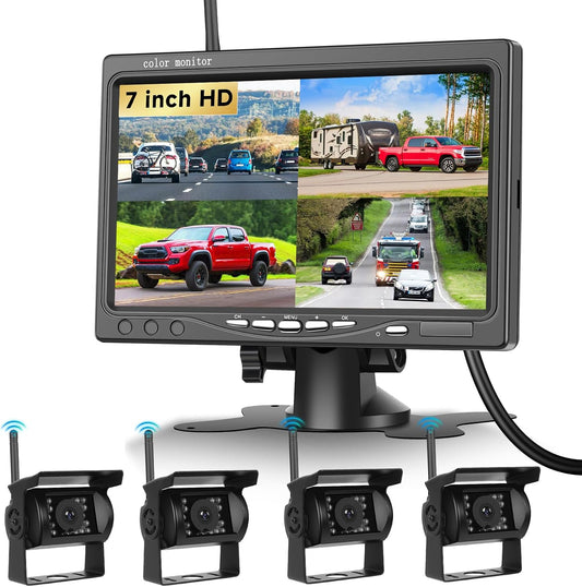 Podofo 4 x draadloze achteruitrijcamera met 7 inch monitor, IP68, groothoek-nachtzicht, AHD IPS-monitor, draadloze achteruitrijcamera's voor camper/vrachtwagen/BSD
