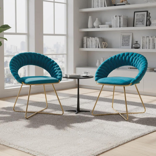 chairus Set of 2 Blue Velvet Living Room Chair with Gold Metal Legs, Modern Bedroom Dressing Table Chair with Backrest, Blue - QUORE
