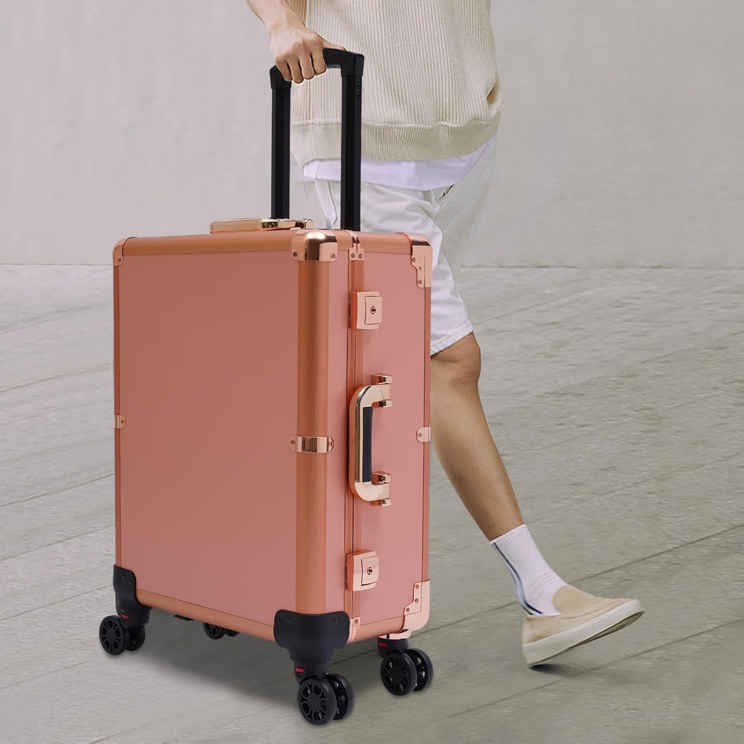Cosmetic Trolley with Mirror - Makeup Suitcase and Cosmetic Case - Storage Cart Beauty Rolling Train Case KuNstler Travel Bag with 4 Wheels (Rose Gold) - QUORE