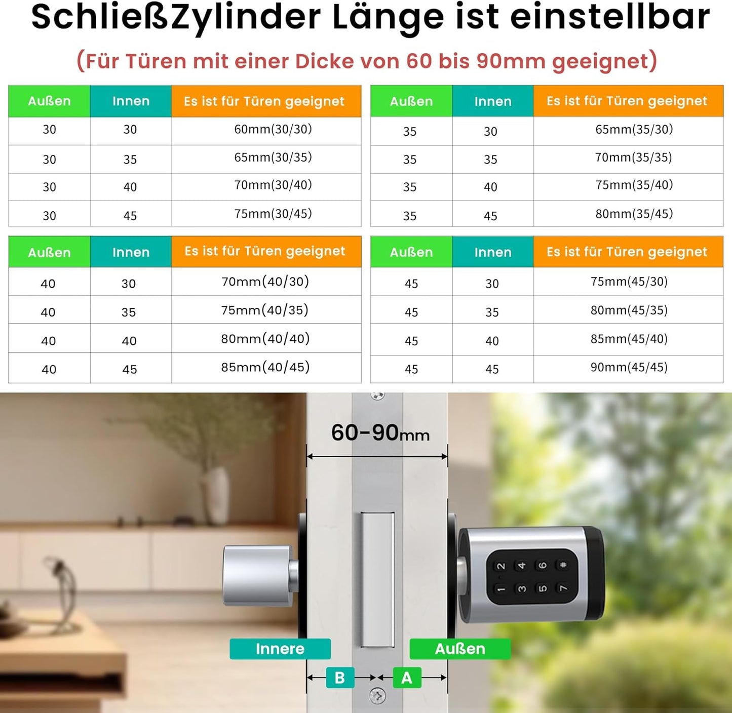 AVATTO Smart deurslot met vingerafdruk en wachtwoord voor 60-90 mm deur, lengte van de sluitcilinder is instelbaar, met sleutel, IC-kaart, ondersteunt Smart Life App afstandsbediening