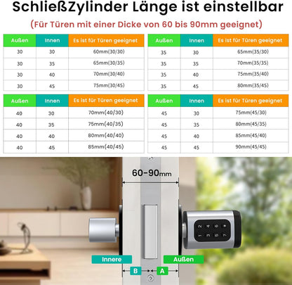 AVATTO Smart deurslot met vingerafdruk en wachtwoord voor 60-90 mm deur, lengte van de sluitcilinder is instelbaar, met sleutel, IC-kaart, ondersteunt Smart Life App afstandsbediening