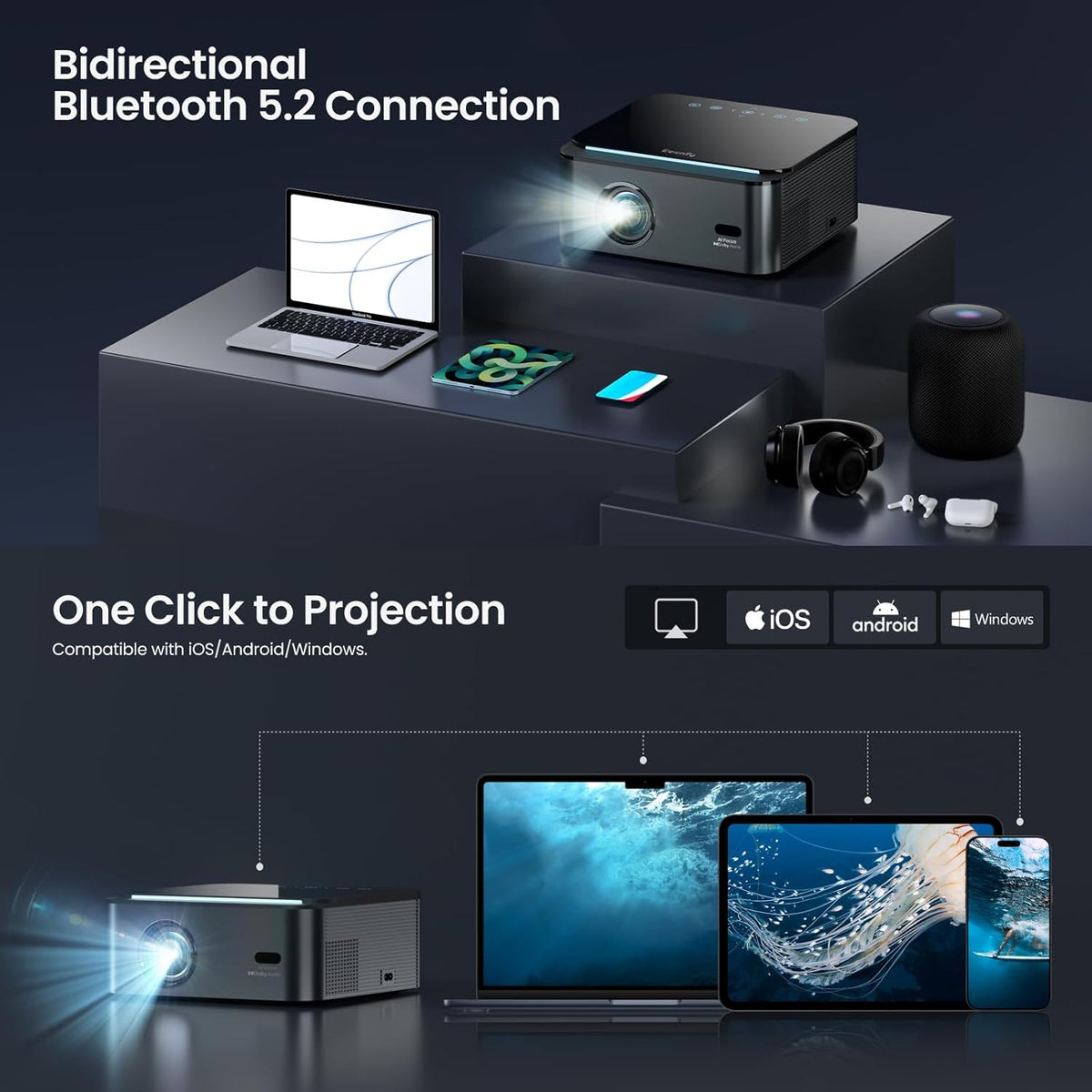 [Officiële Netflix 1000ANSI] 4K home theater projector met App Store, Live TV, 20W Dolby Audio, projector 1080p autofocus/keystone, WiFi6 Bluetooth, DTS, 4K 60Hz lage latentie voor case/spel, Ares A2