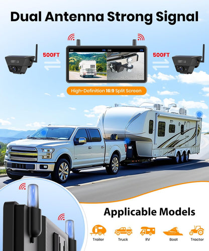 Draadloze achteruitrijcamera op zonne-energie, voor campers en aanhangwagens, zonder installatie, 7,2 inch HD 1080P-monitor, dubbel camerasysteem, sterke magnetische krasbestendige achteruitrijcamera