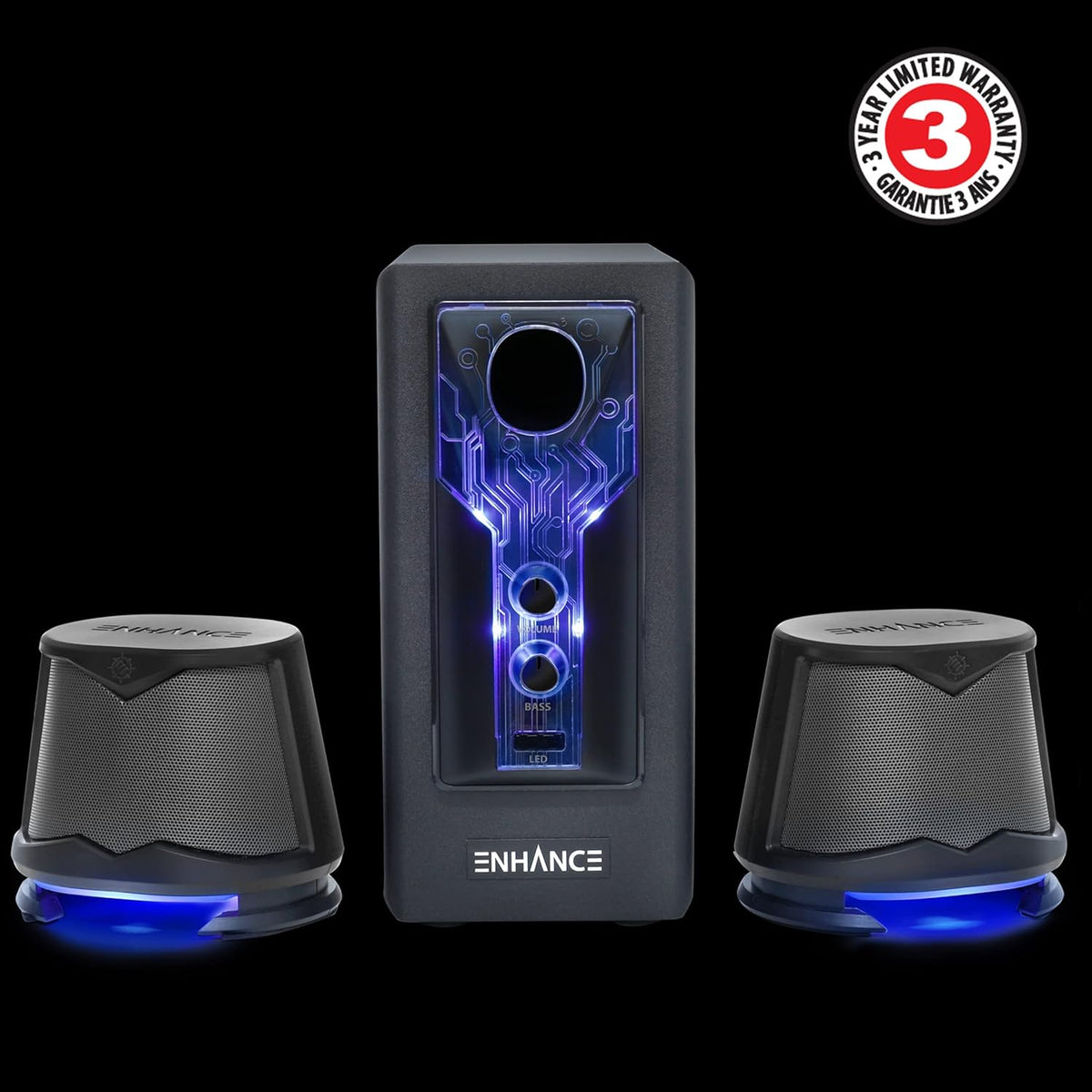 ENHANCE SB 2.1 Computerluidspreker met subwoofer – blauwe led-gamingluidspreker, high-excursion-geluidssysteem, AC-voeding, volume- en basregeling, compatibel met gaming-pc, desktop, laptop