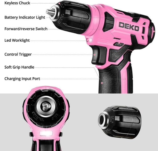 Deko - Gereedschapskoffer - 126-delig - Gevuld - Gereedschap - Gereedschapsset - Sleutelloze boorkop - met 8V snoerloze boormachine - DIY handgereedschapssets - Roze