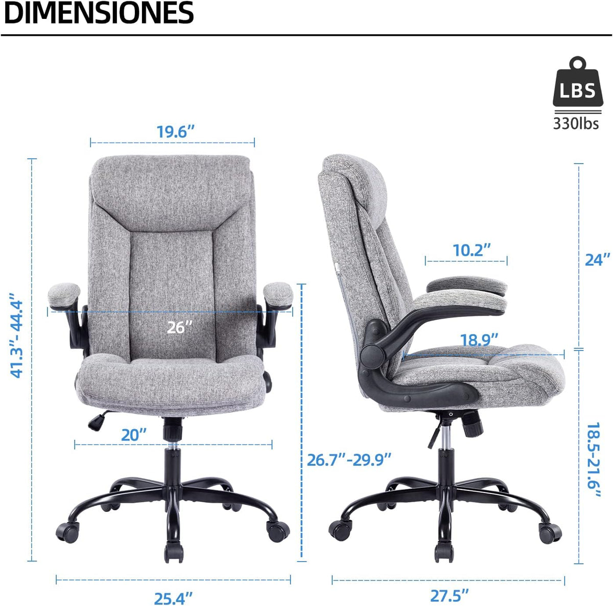 Ergonomische bureaustoel, computerstoel, bureaustoelen, draaibare werkstoel met opklapbare armleuning, in hoogte verstelbaar, comfortabel voor kantoor, thuis, gaming (grijze stof)