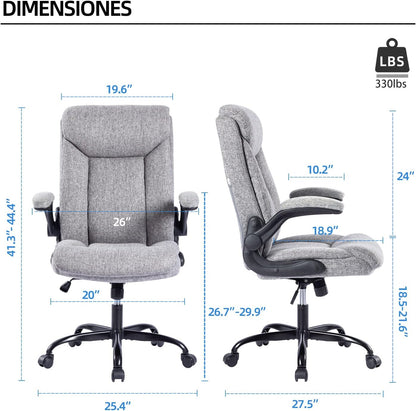 Ergonomische bureaustoel, computerstoel, bureaustoelen, draaibare werkstoel met opklapbare armleuning, in hoogte verstelbaar, comfortabel voor kantoor, thuis, gaming (grijze stof)