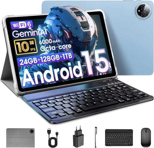Raemond Android 15 Tablet 10 Inch, 24GB RAM + 128GB ROM （1TB TF）, T615 Octa-core CPU, 1280x800 IPS HD Display, WiFi 6, BT 5.4, 5MP+ 8MP Camera,Gemini Ai, 2 in 1 Tablets met Keyboard Case Mouse Stylus
