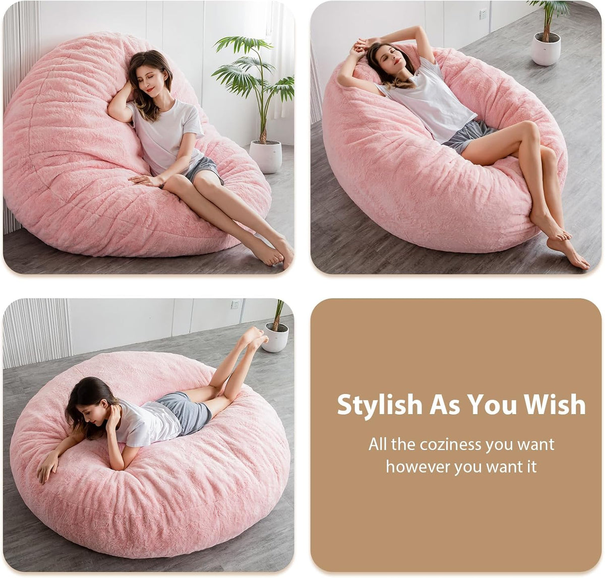 MAXYOYO Bean Bag Bed in Pink Square Chair Sofa with Fluffy Plush Cover and Filling, Ideal for Adults, Couples and Guests, Large Size, 180 x 180 cm