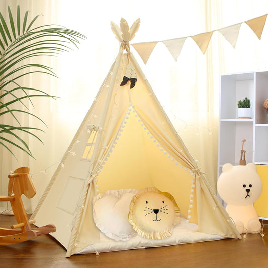 Tipi-tent voor kinderen van 100% katoen met knuffelmat, draagtas en veerversiering, tipi-kindertent, stabiel, theepee speeltent, voor binnen en buiten, speelhuis voor meisjes en jongens