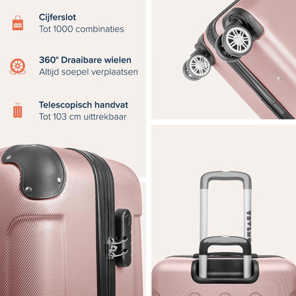 TRVLMORE Kofferset - 3 Delig - 38L Handbagage + 110L Ruimbagage - Lichtgewicht - Trolley - Reiskoffer Set - Roségoud