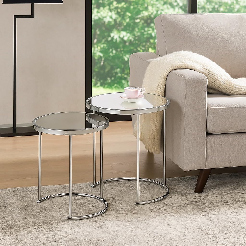 ASPECT Visio Set van 2 ronde Nesting Tafelblad, Spiegel/Chroom, 50x50x50 cm