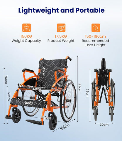 VOCIC U31 Rolstoel, licht, 150 kg, aluminium rolstoel voor gehandicapten, dubbele rem, rolstoel voor senioren, solide banden, 60 cm voor alle vloeren, oranje