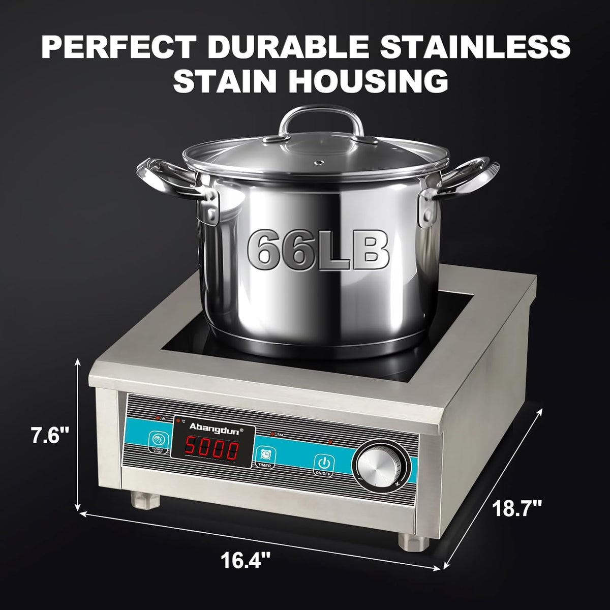 Commerciële inductiekookplaat, 5000 W, 220 V ~ 240 V, professionele commerciële inductiekookplaat met 20 standen, 60-260 °C, 18-uurs timer, roestvrij staal en glas, voor gastronomie, restaurant