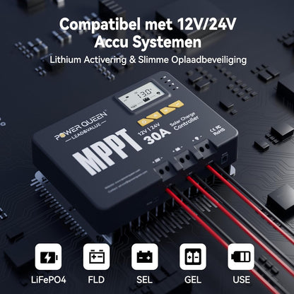 Power Queen MPPT Solar Charging Controller 12/24V 30A 900W max Bluetooth-module LCD display standaard voor LifePO4 accu compatibel met batterijen van