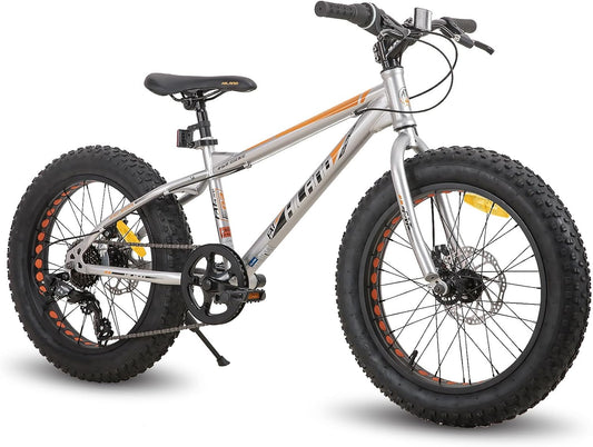 HILAND 20 inch kindermountainbike, 7 versnellingen, Fat Tires mountainbike, dubbele schijfremmen, kinderfiets voor jongens en meisjes, zilver