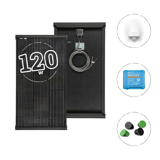 MOSCATELLI Zonnepaneel 120W Black Boost Monokristallijn PERC Compleet Kit voor Campers met Geïntegreerd Zwart Aluminium Profiel voor Dakbevestiging - Regelaar VICTRON MPPT Bluetooth 10A
